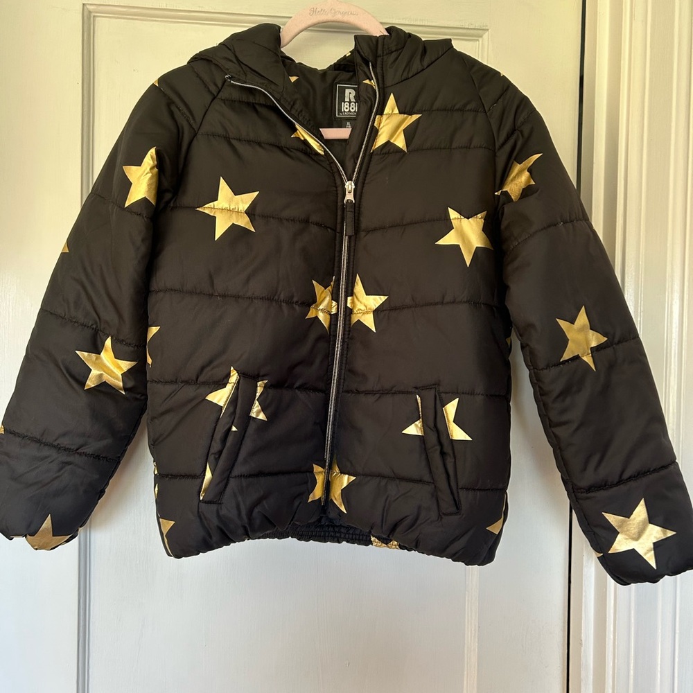 Girl's R1881 by S. Rothschild Puffer Coat Black with Gold Stars, size XL